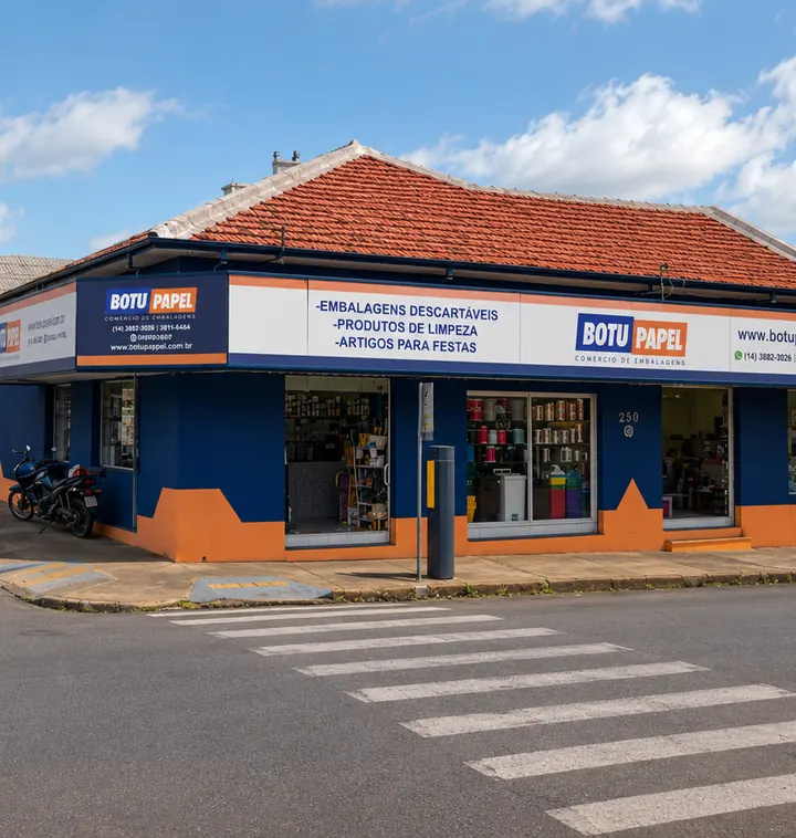 Fachada da loja BOTUPAPEL em Botucatu, na esquina, com letreiro de embalagens descartáveis e produtos de limpeza