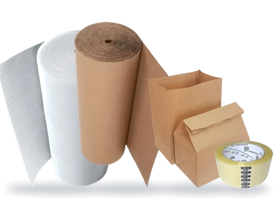 plástico-bolha, papelão ondulado, saco kraft e fita adesiva